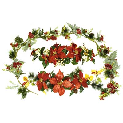 6' New X'Mas Garland with Rose<br>28" Large Velvet Poinsettia Hydrangea Swag